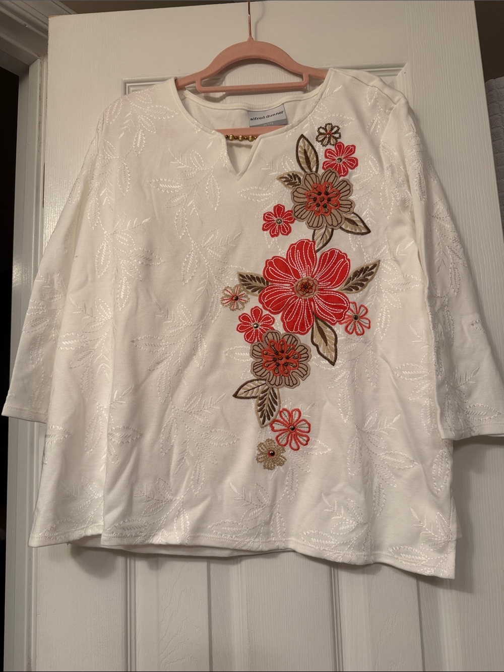Alfred Dunner White Tunic with Red and Brown Floral Embroidery